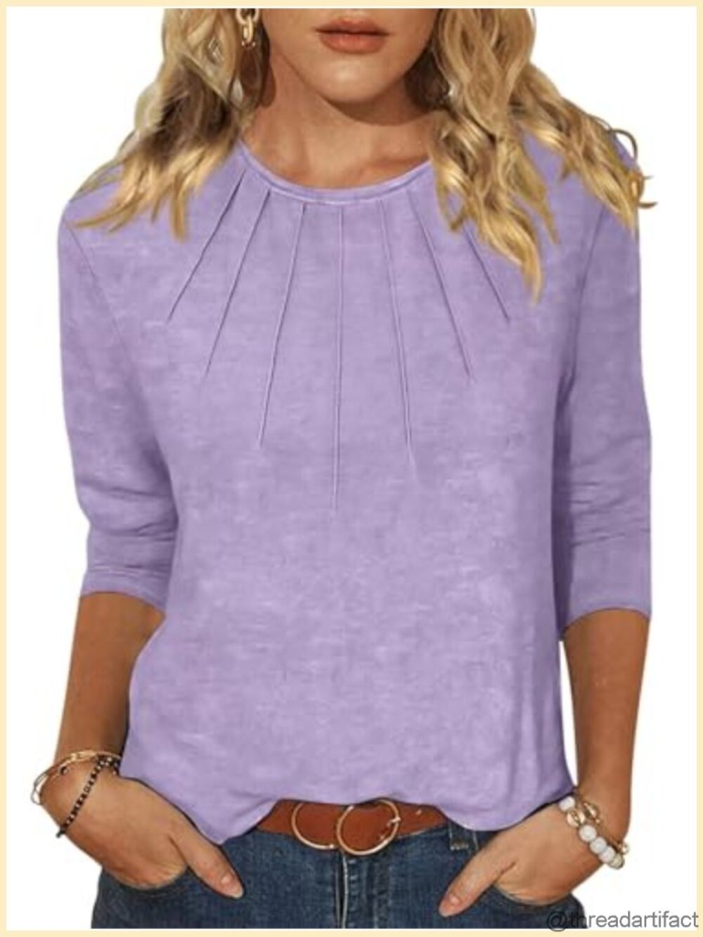 Womens 3/4 Sleeve Pleated Tunic Top Crewneck Loose Fit Casual Fall Shirt